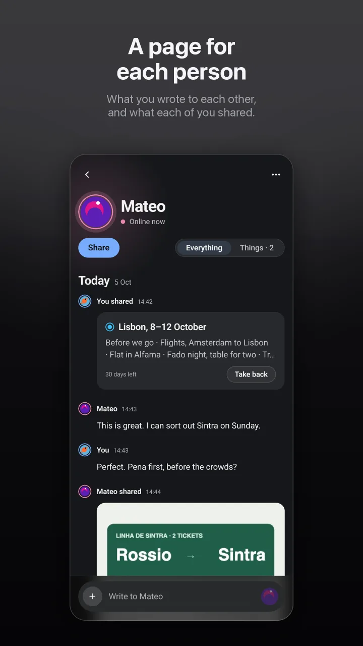 A page for each person: Mateo's page, with the trip page shared to him, a few words each way, and the train tickets he shared back.