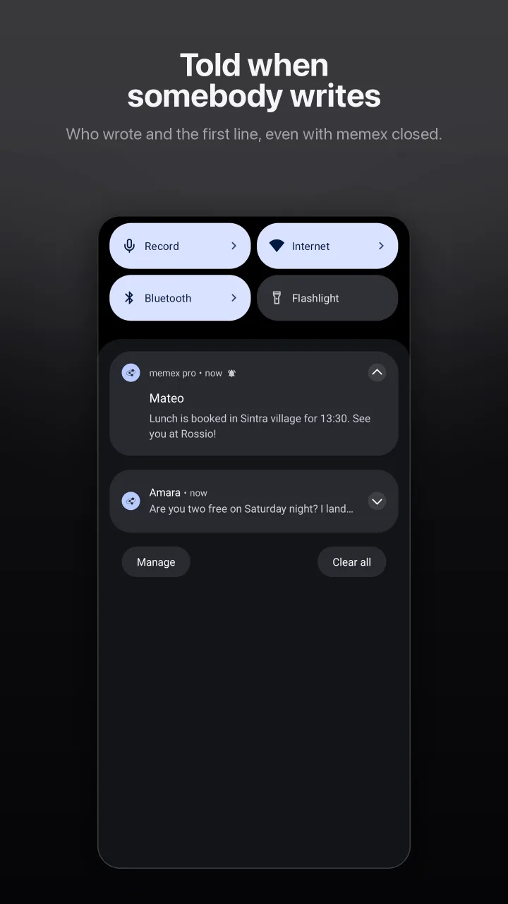 Told when somebody writes: two memex pro notifications, from Mateo and from Amara, each with the first line of what they wrote.