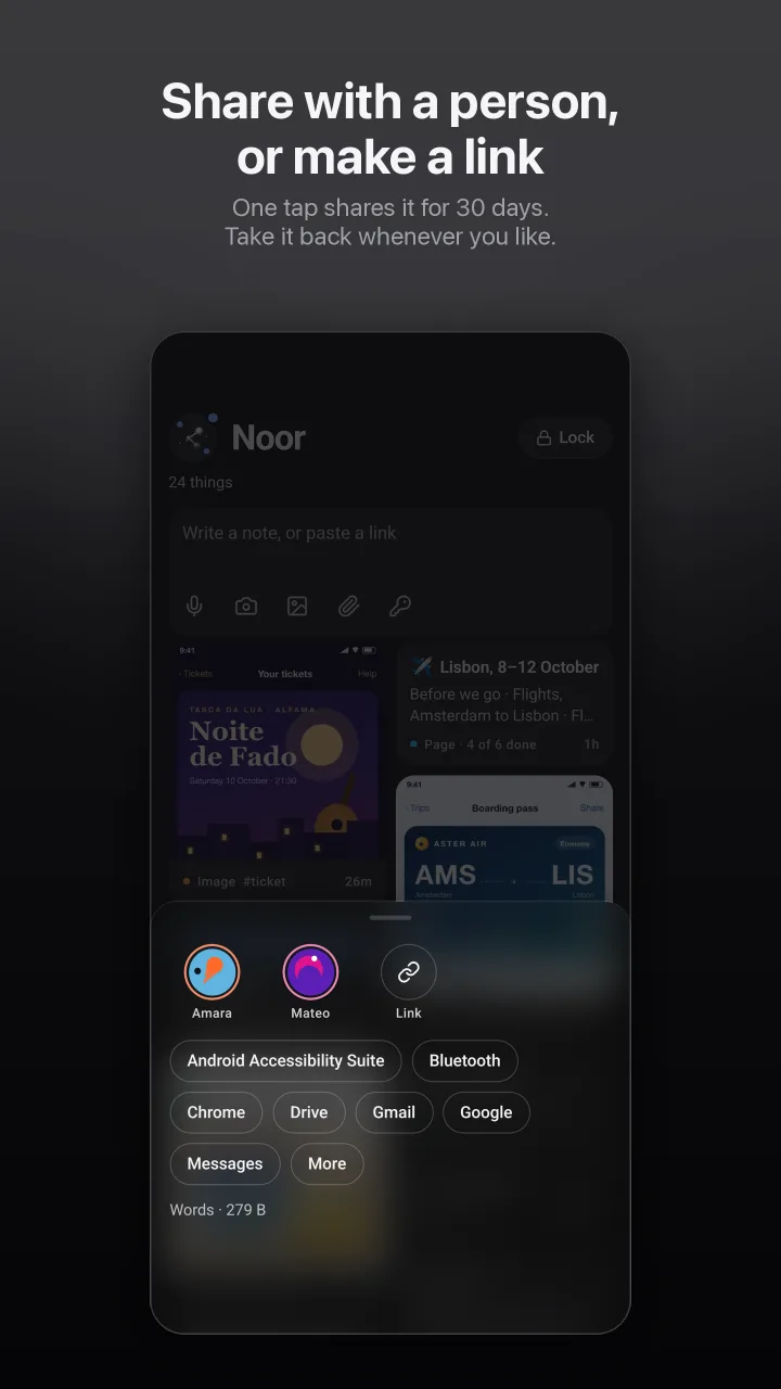 Share with a person, or make a link: the share sheet over the trip page, with Amara, Mateo and Link above the phone's apps.