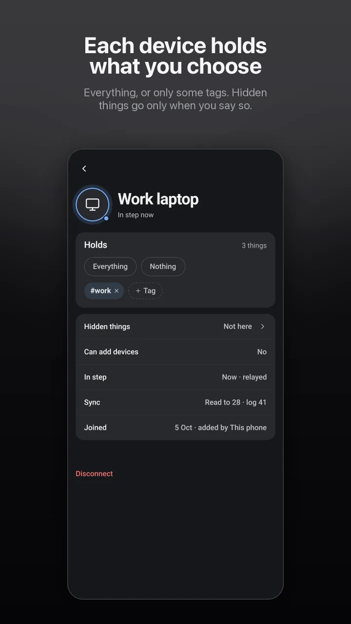 Each device holds what you choose: the work laptop holds only #work, and hidden things are not there.
