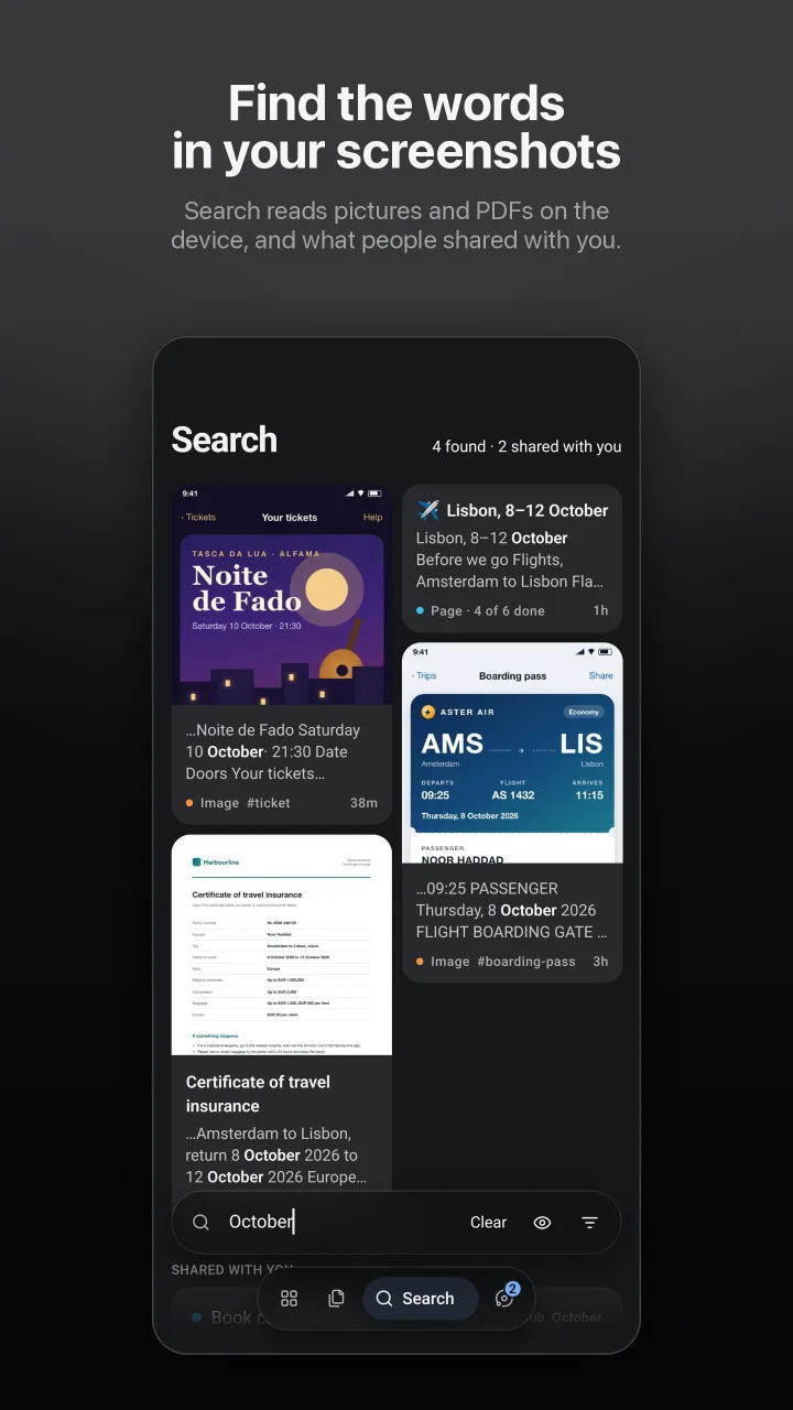 Find the words in your screenshots: a search for October finds a concert ticket, a boarding pass and an insurance PDF by the words printed on them, and two things shared with you.