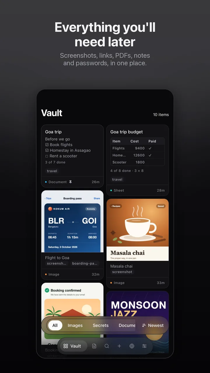 Everything you'll need later: the vault with a Goa trip page, a budget sheet, a boarding pass and a recipe screenshot.