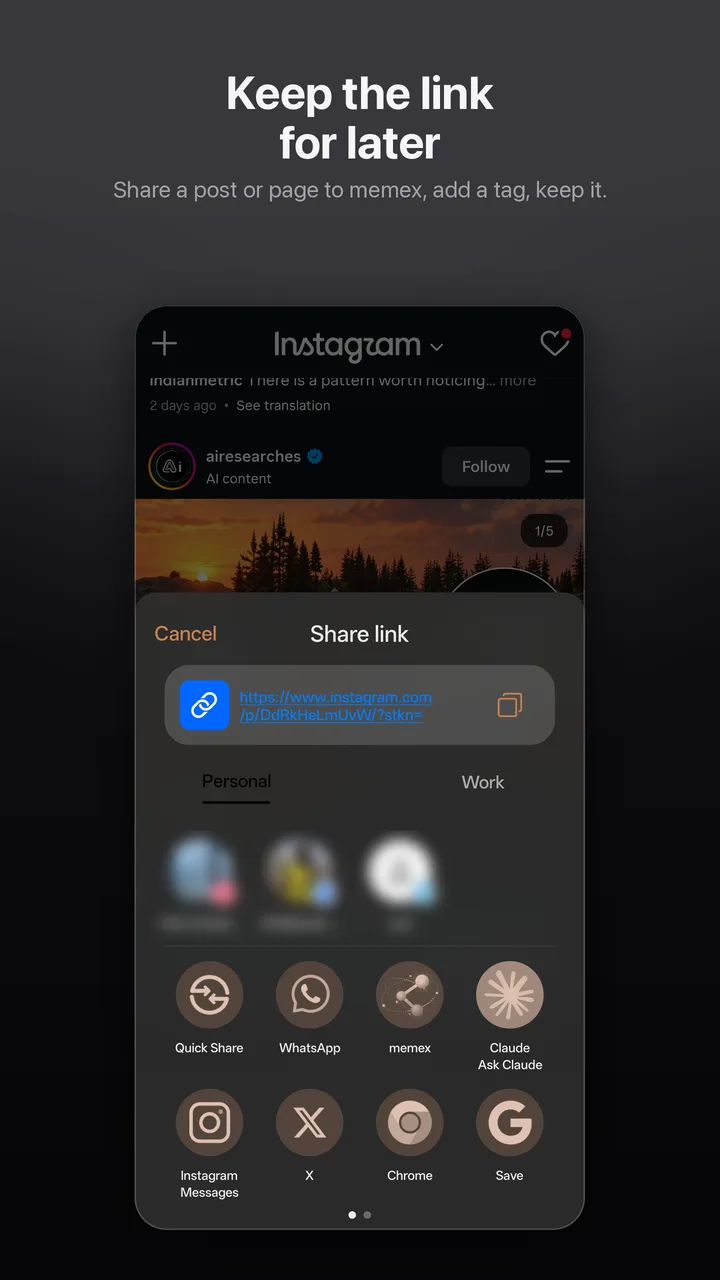 Keep the link for later: sharing a post's link from Instagram, with memex in the share sheet.