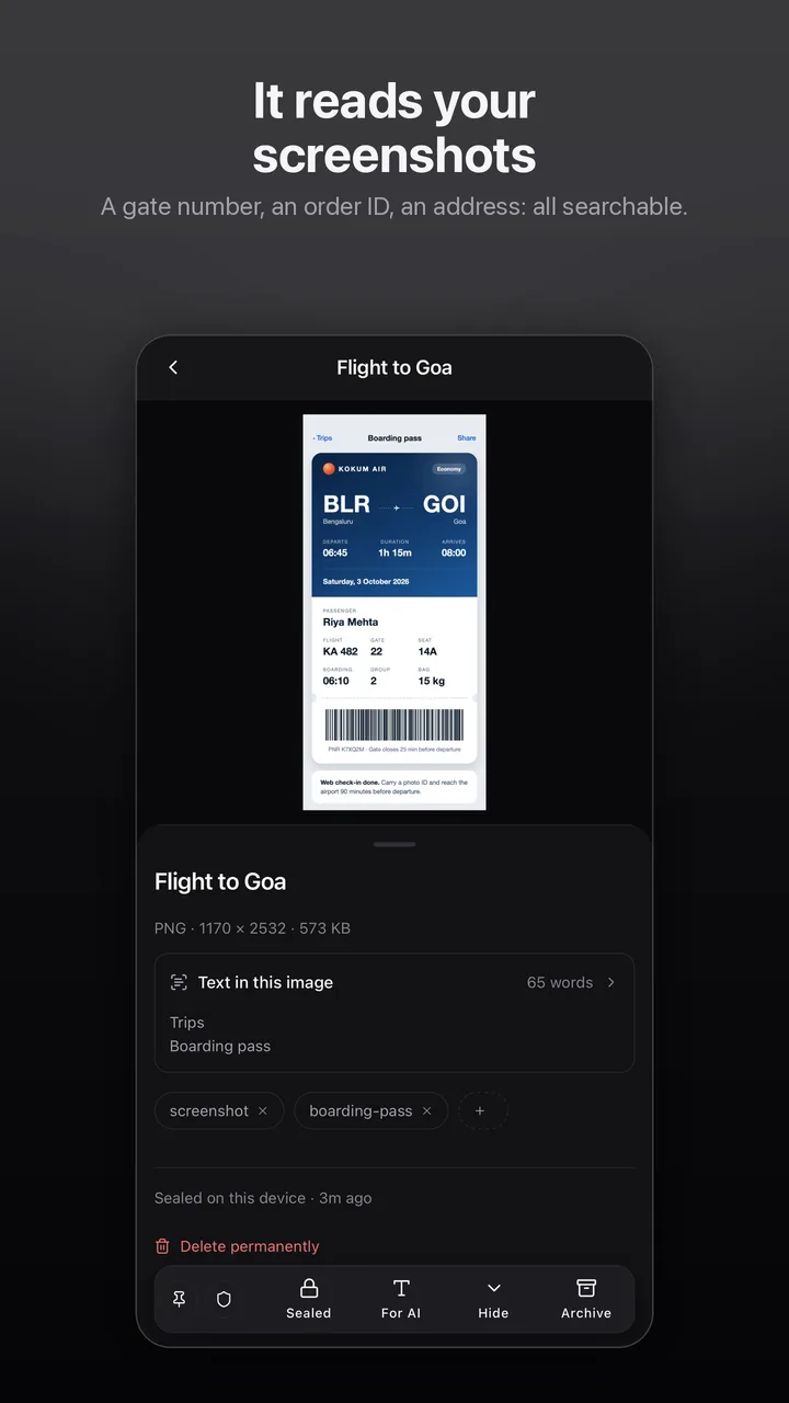 It reads your screenshots: a boarding pass with the text memex read out of it.