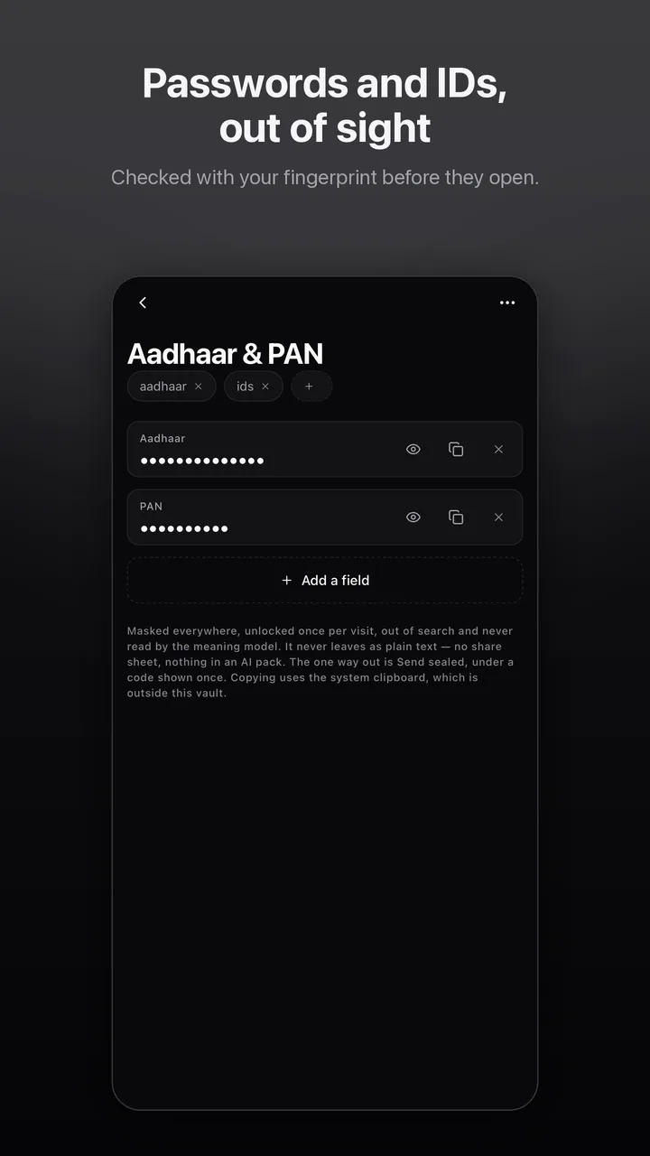 Passwords and IDs, out of sight: an Aadhaar and PAN entry with every value masked.