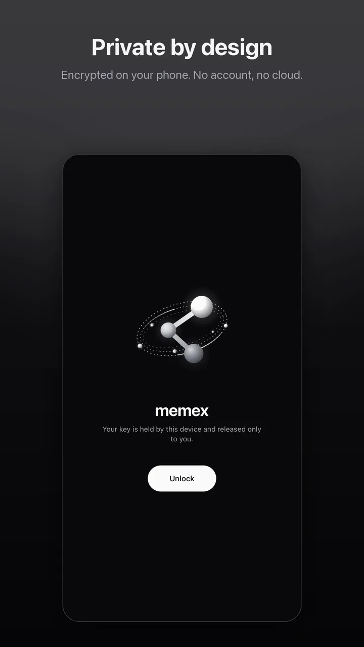 Private by design: the memex lock screen with an Unlock button.
